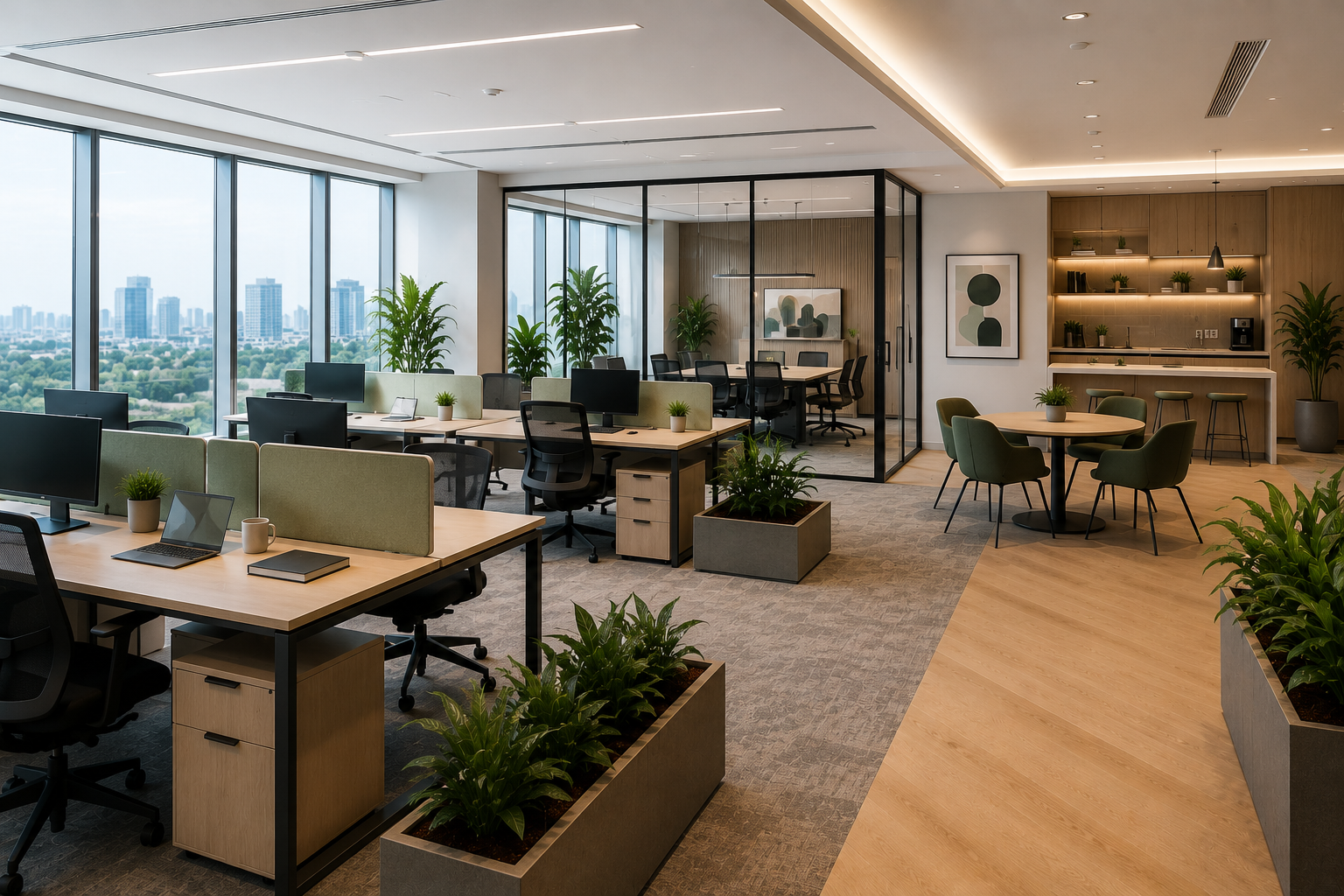 Modern office interior with workstations, meeting room and collaboration area