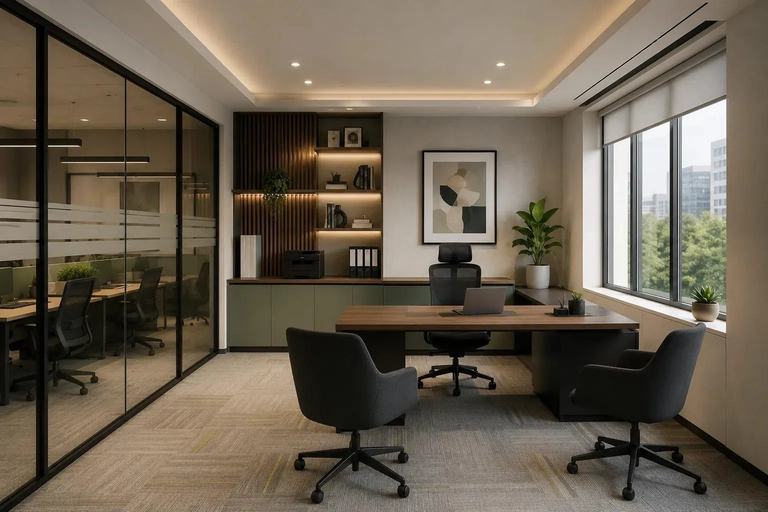 Small office interior with glass partition, executive desk and visitor seating