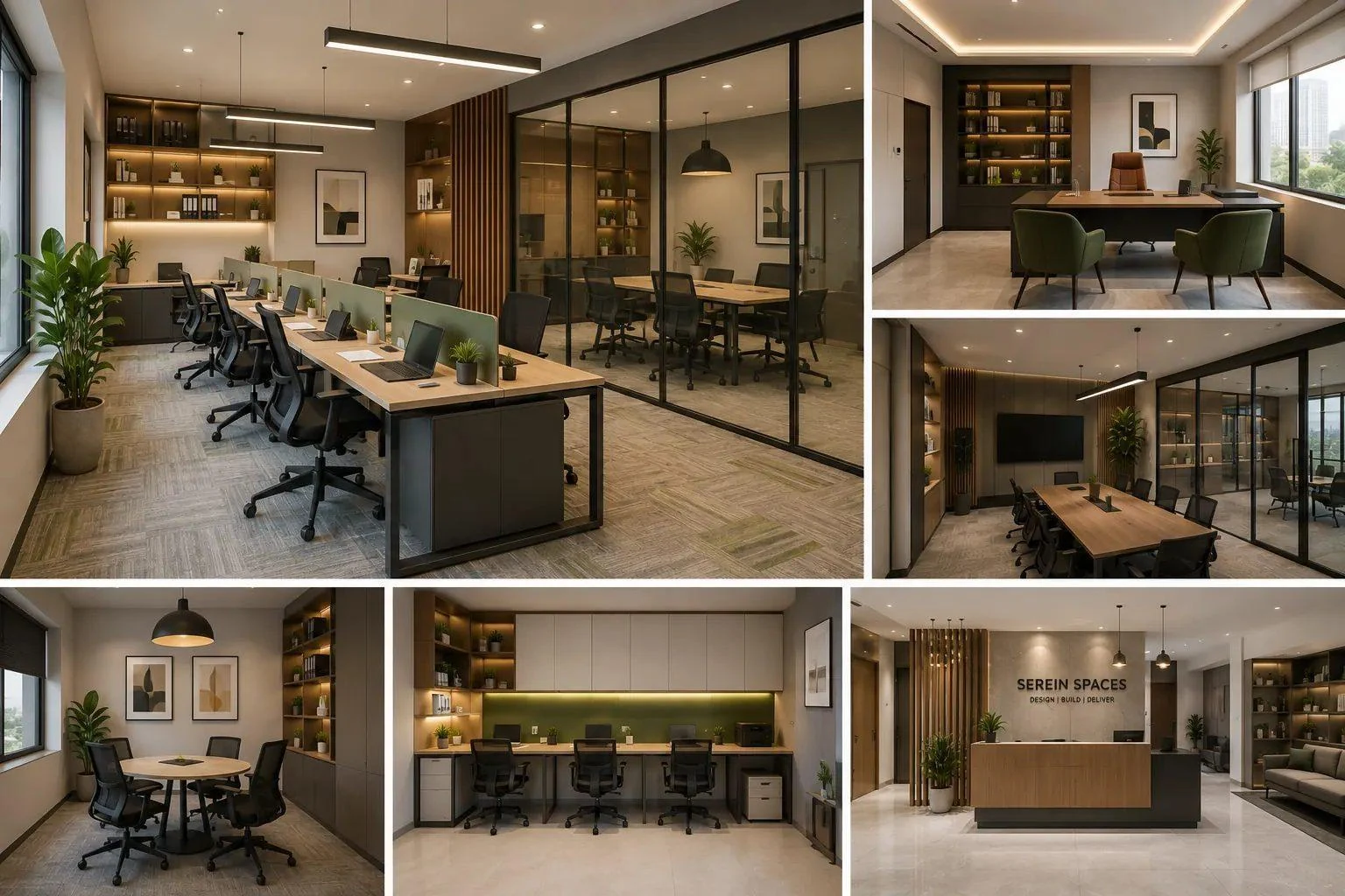Small office interior design collage with workstations, meeting room, reception and compact office areas