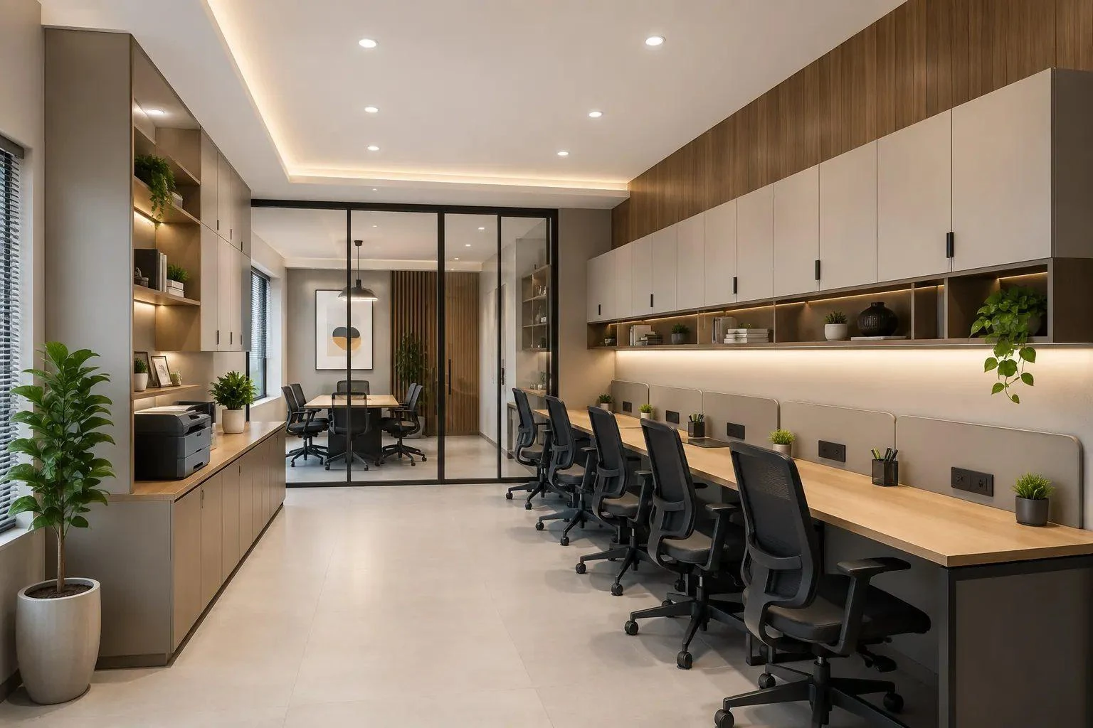 Space-saving small office with compact workstations, vertical storage and glass meeting room
