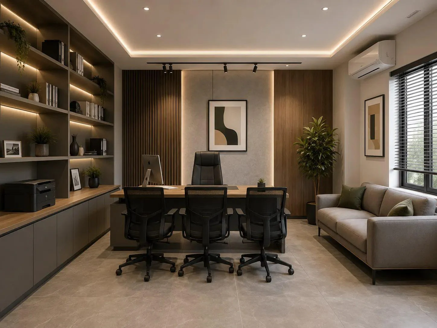 Compact small office interior with built-in storage, meeting table and lounge seating