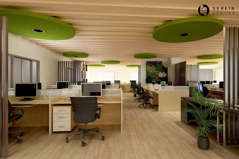 smart office interior with open workstations and green design