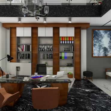 ceo office interior corner with desk panoramic view