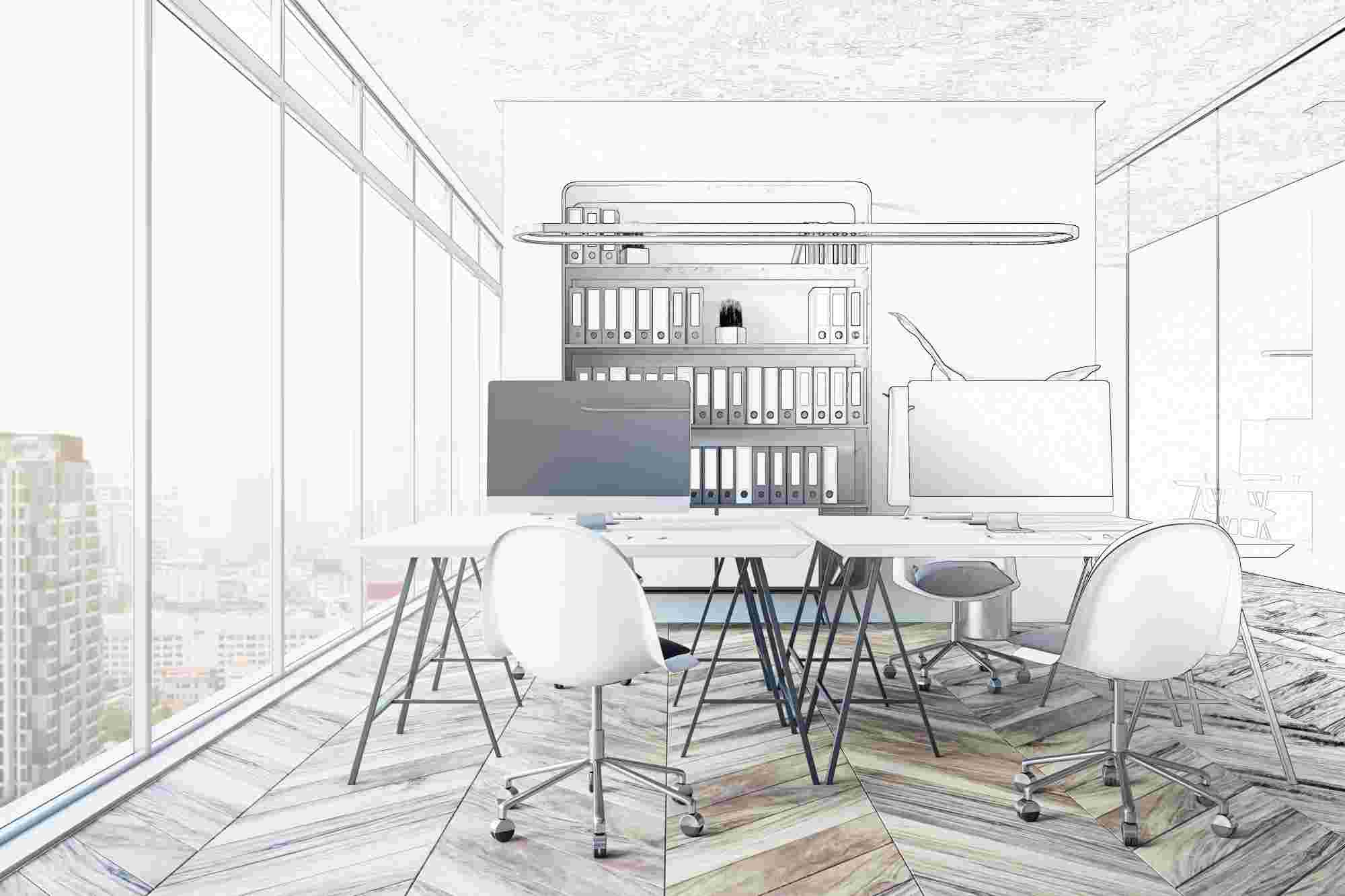 contemporary glass office interior with wooden flooring furniture