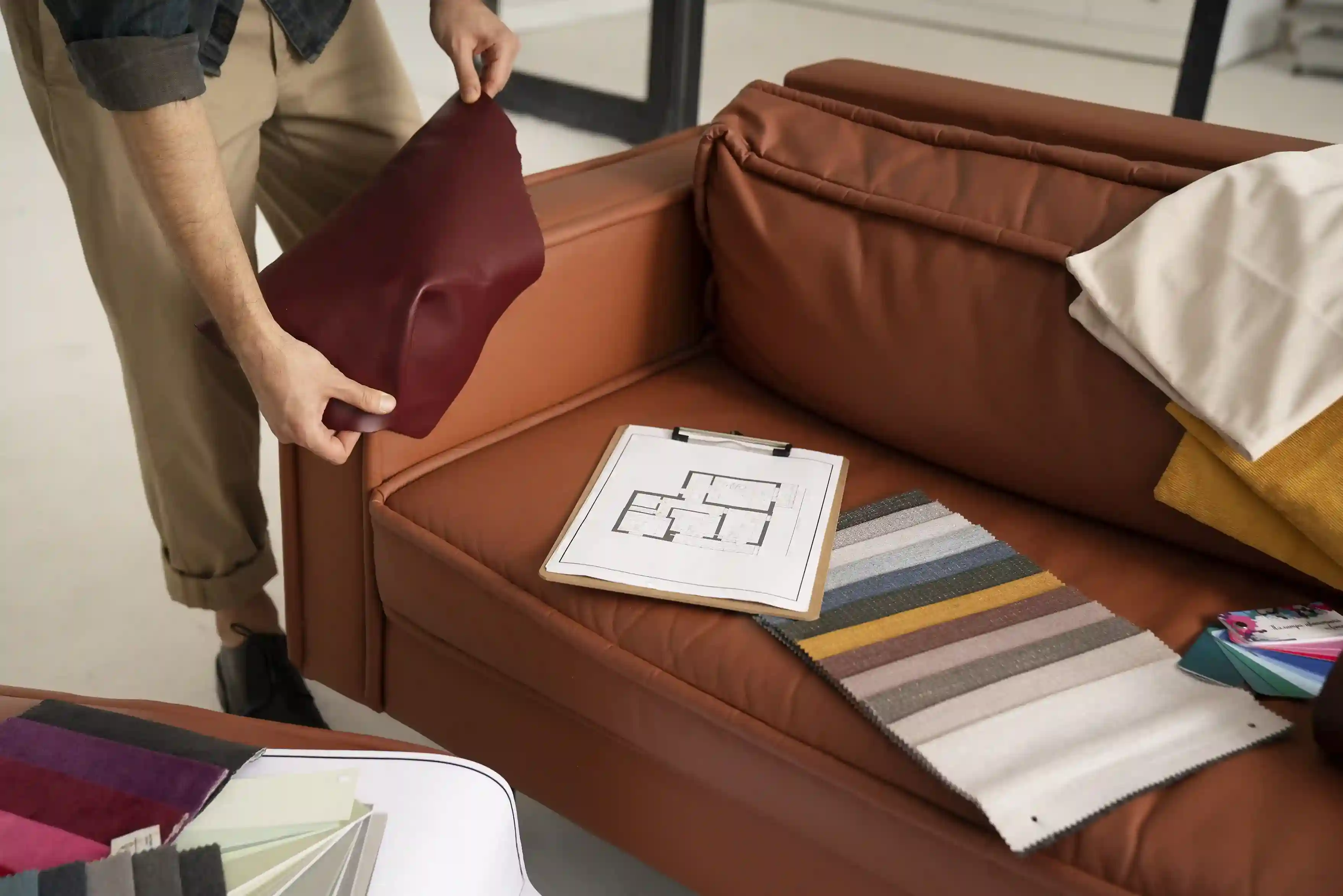 interior designer selecting sofa fabric